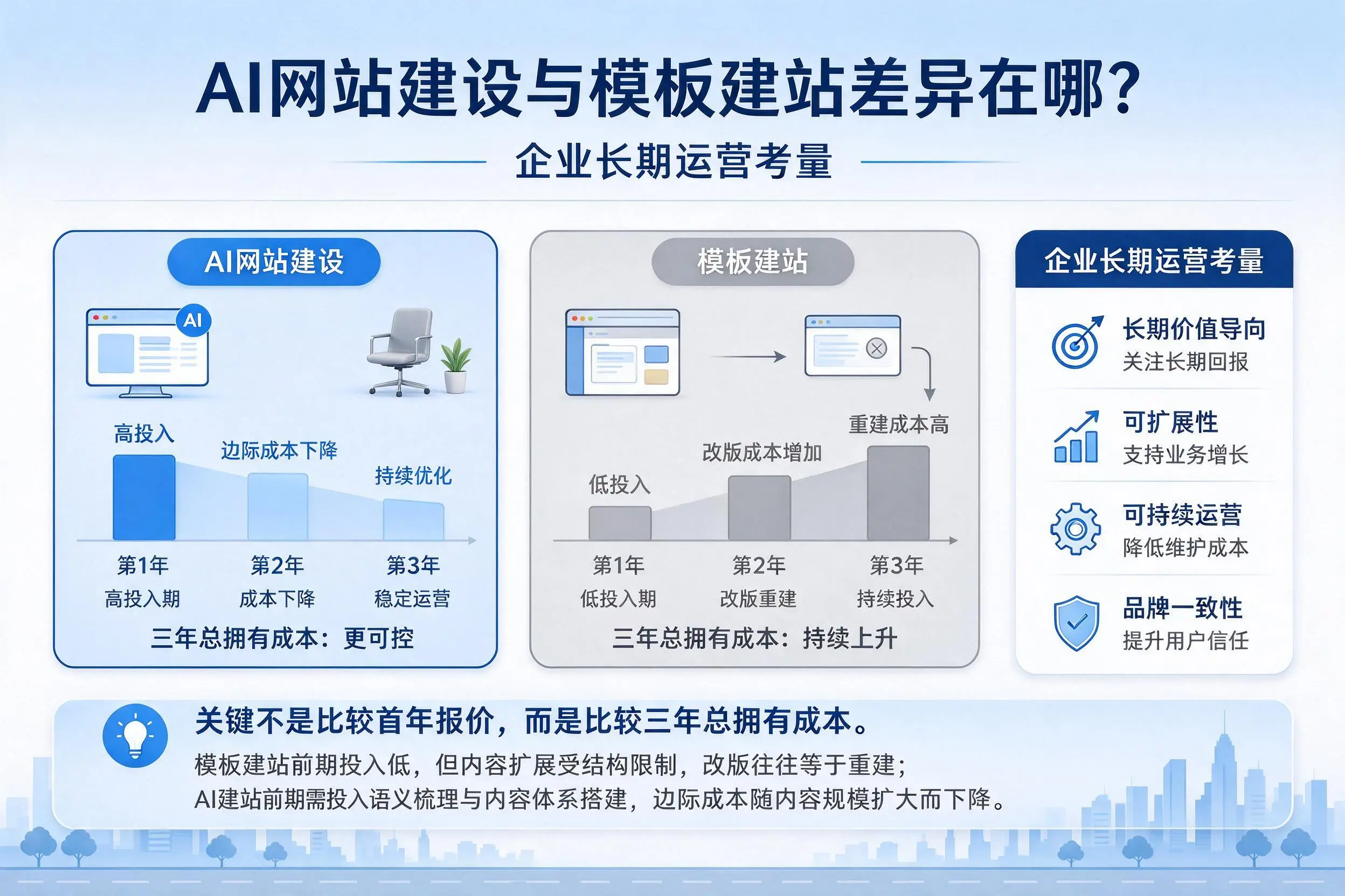 AI网站建设与模板建站差异在哪?广元企业长期运营考量